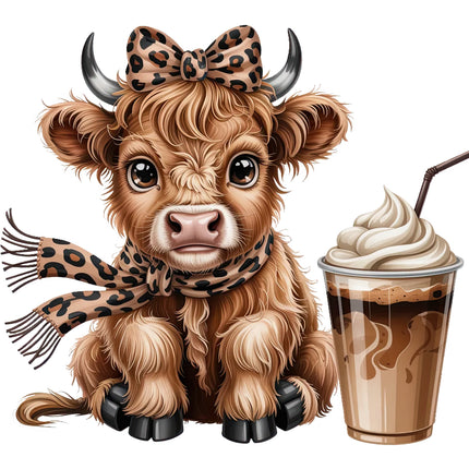 highland cow with a leopard print bow and scarf next to a coffee drink fabric panel