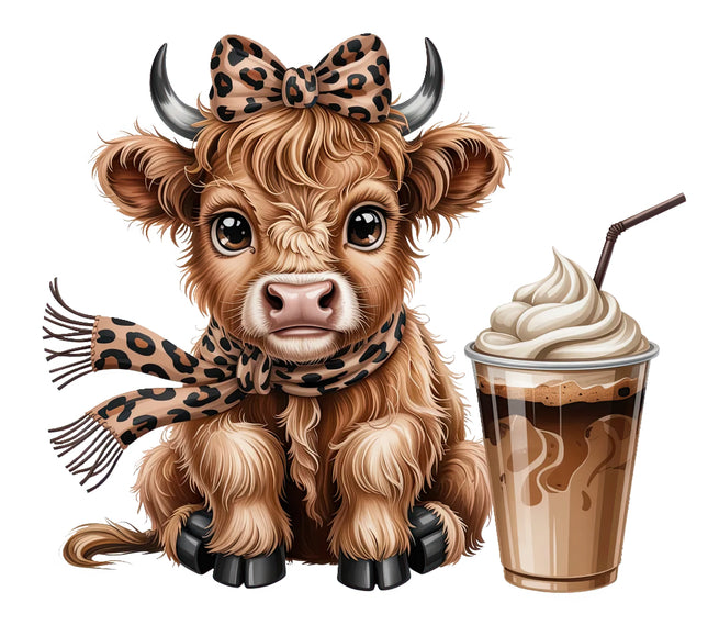 highland cow with a leopard print bow and scarf next to a coffee drink fabric panel