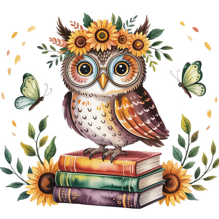 owl with flowers and books fabric panel