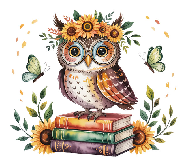 owl with flowers and books fabric panel