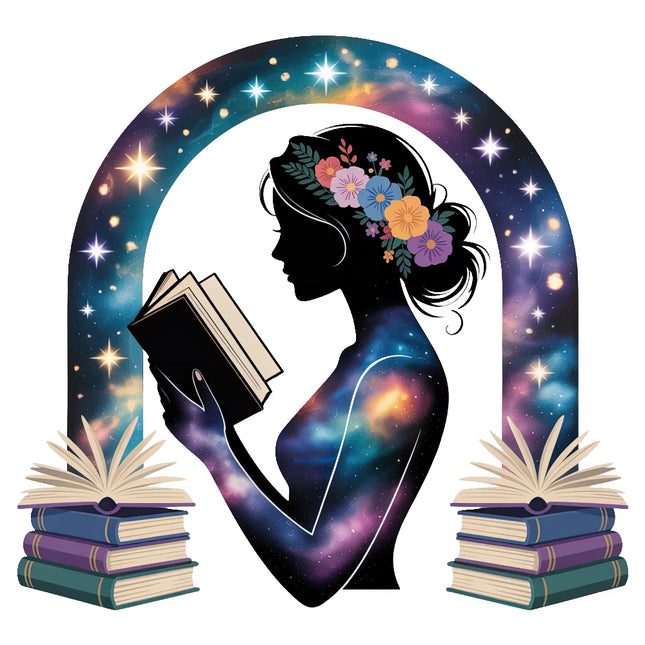 Silhouette of a woman with flowers in her hair, holding a book against a starry night fabric panel