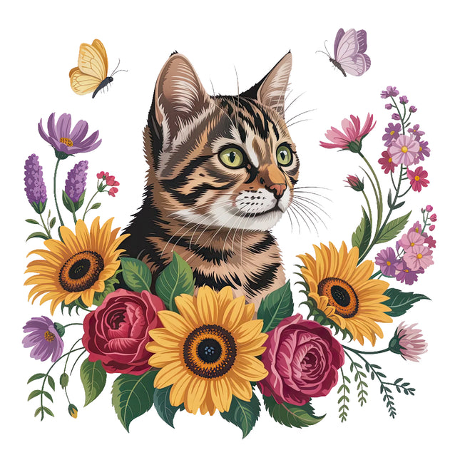Cat surrounded by flowers and butterflies fabric panel