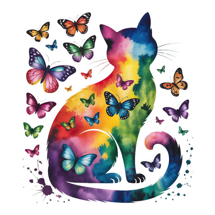 Colorful cat with butterflies fabric panel