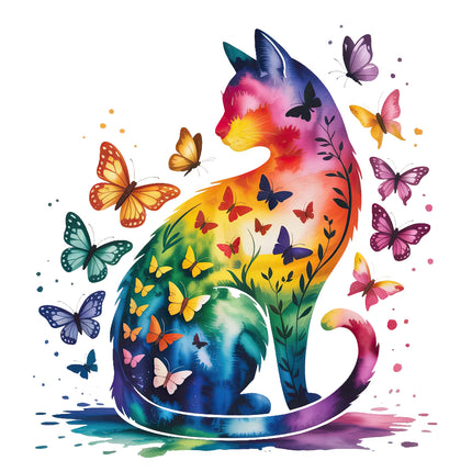 Colorful cat with butterflies fabric panel