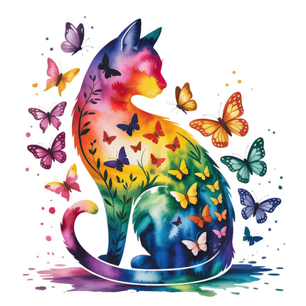 Colorful cat and butterflies fabric panel