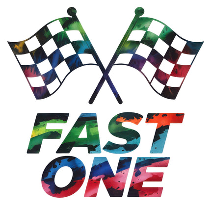 Colorful checkered flags with 'FAST ONE' racing fabric panel