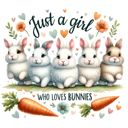 five bunnies with carrots and flowers, featuring text 'Just a girl who loves bunnies' fabric panel