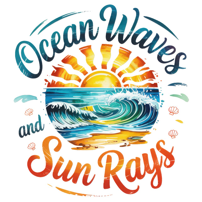 Design with ocean waves, sun, and text 'Ocean Waves and Sun Rays' fabric panel