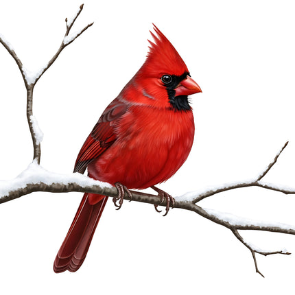 Red cardinal bird perched on a snow-covered branch fabric panel