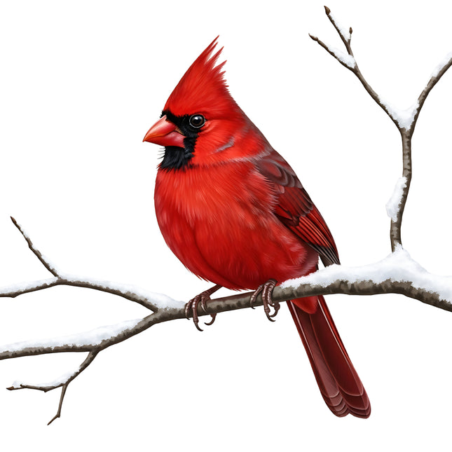 Red cardinal bird perched on a snow-covered branch fabric panel