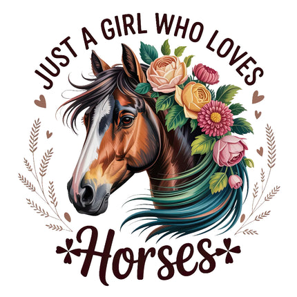horse's head with flowers and text 'Just a girl who loves horses' fabric panel