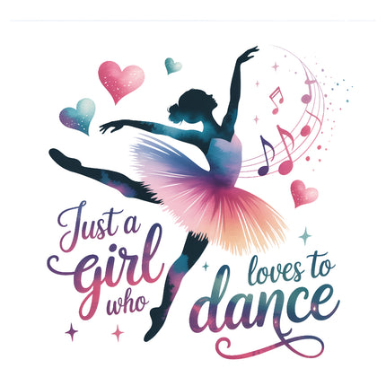Silhouette of a ballerina with colorful tutu and text 'Just a girl who loves to dance' fabric panel