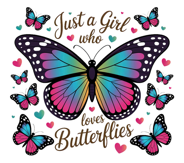 Colorful butterfly with text 'Just a Girl who loves Butterflies' fabric panel