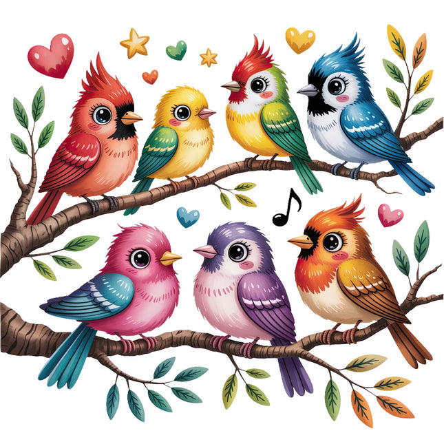 Colorful birds on a branch fabric panel