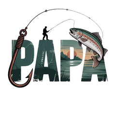 Fishing-themed design with 'PAPA' text, fish, and fishing rod on a white background fabric panel