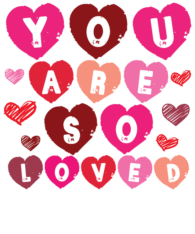 Heart-shaped letters spelling 'YOU ARE SO LOVED' fabric panel