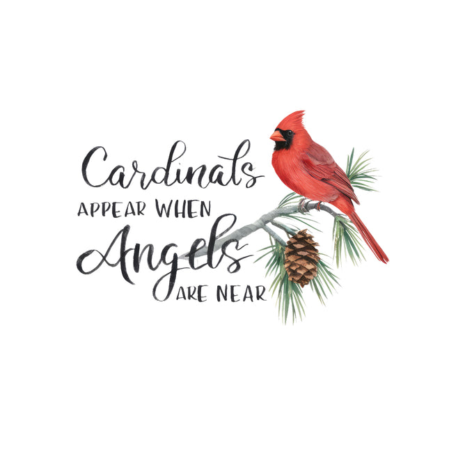 Red cardinal bird on a branch with pine cones and text 'Cardinals appear when angels are near' fabric panel