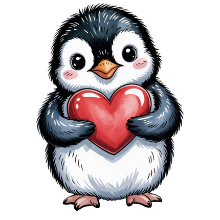 penguin holding a red heart fabric panel