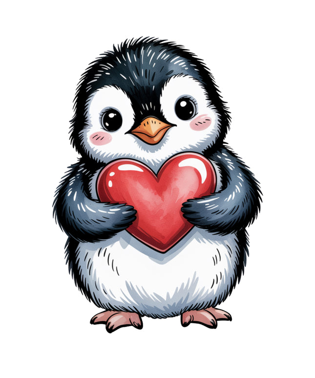penguin holding a red heart fabric panel