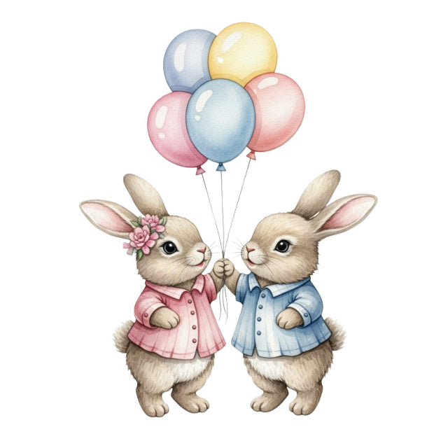 Two cartoon bunnies holding balloons fabric panel