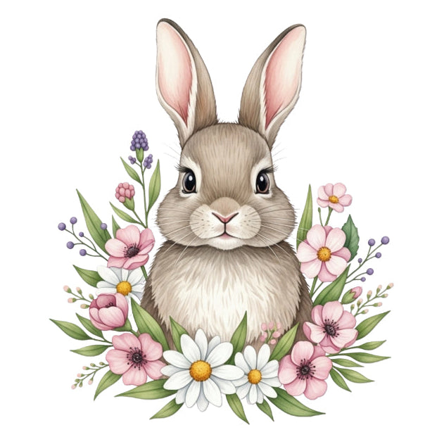 bunny rabbit surrounded by flowers quilt panel