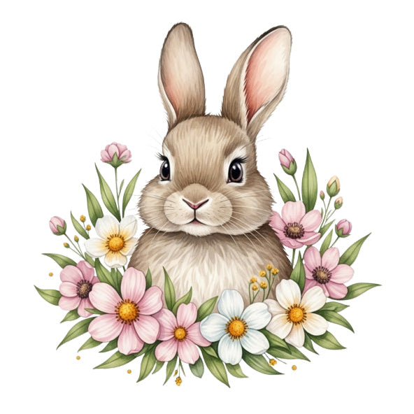 bunny rabbit surrounded by flowers fabric panel