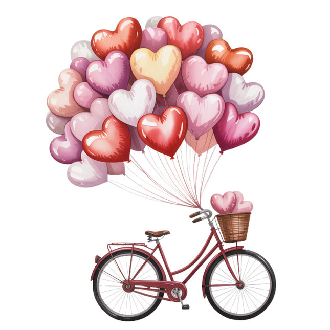 Red bicycle with a basket full of heart-shaped balloons fabric panel