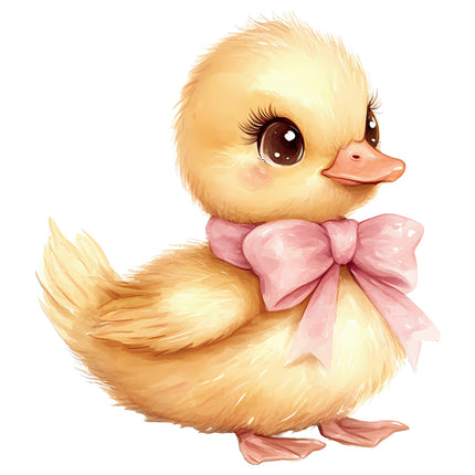 yellow duckling with a pink bow quilt block