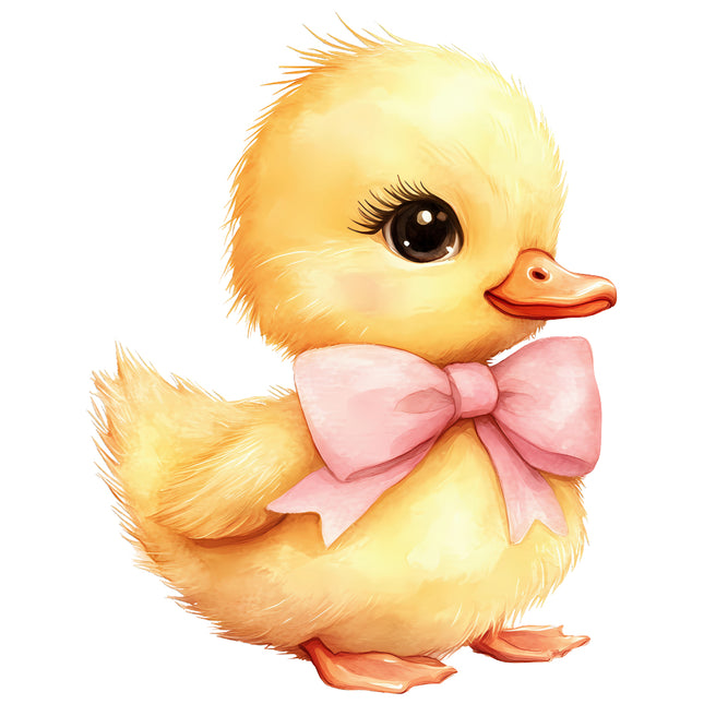 yellow duckling with a pink bow quilt block