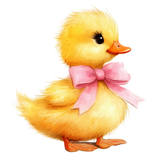 yellow duckling with a pink bow quilt block