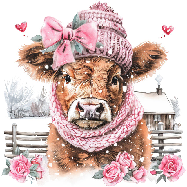 Cow wearing a pink knitted hat and scarf with a snowy background fabric panel