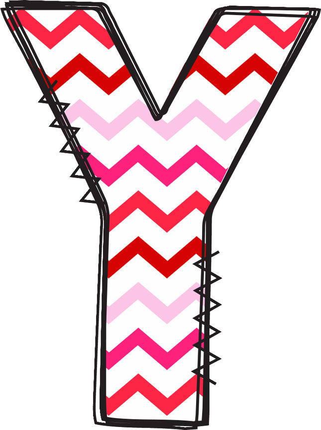 Letter 'Y' with red and pink chevron pattern quilt fabric block