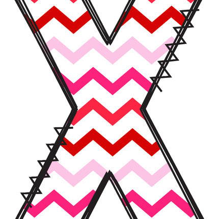 Letter 'X' with a chevron pattern in red and pink quilt fabric block