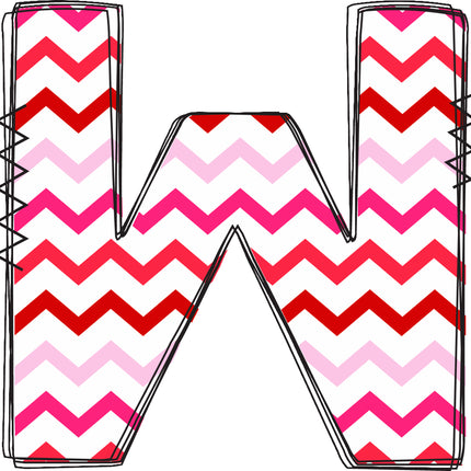 Letter 'W' with a chevron pattern in red, pink, and white quilt fabric block