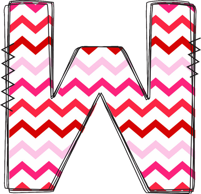 Letter 'W' with a chevron pattern in red, pink, and white quilt fabric block