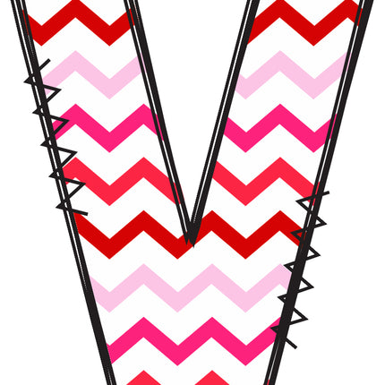 Letter 'V' with red and pink chevron pattern quilt fabric block