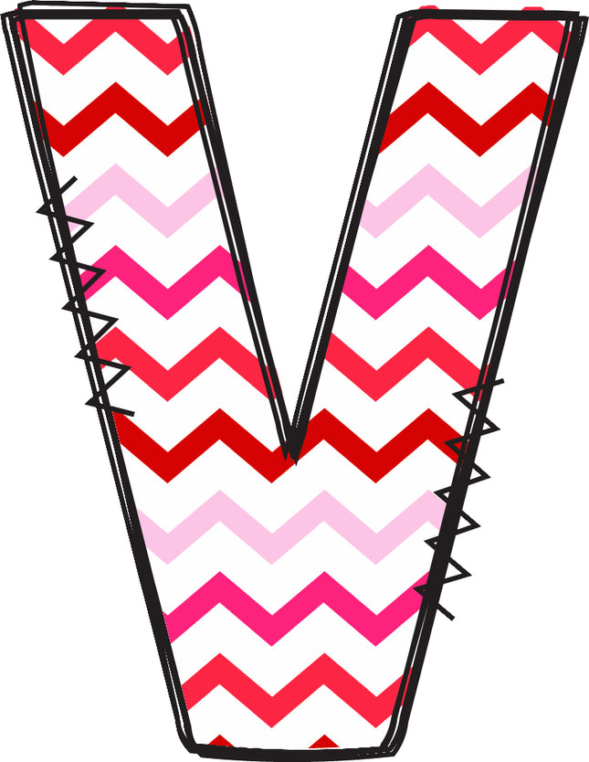 Letter 'V' with red and pink chevron pattern quilt fabric block