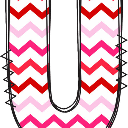 Letter 'U' with red and pink chevron pattern quilt fabric block