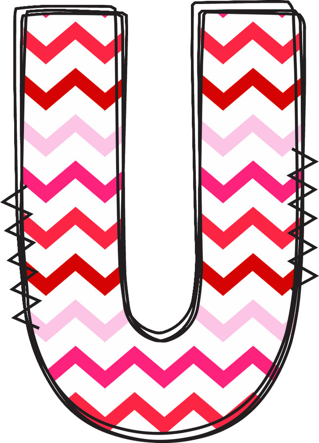 Letter 'U' with red and pink chevron pattern quilt fabric block