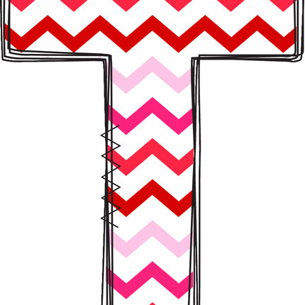 Letter 'T' with red and pink chevron quilt fabric block