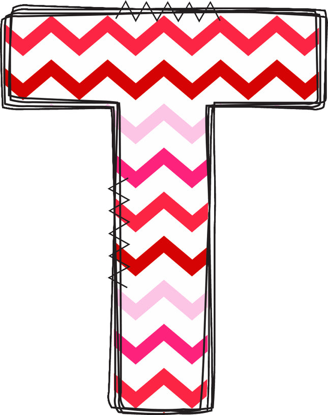 Letter 'T' with red and pink chevron quilt fabric block