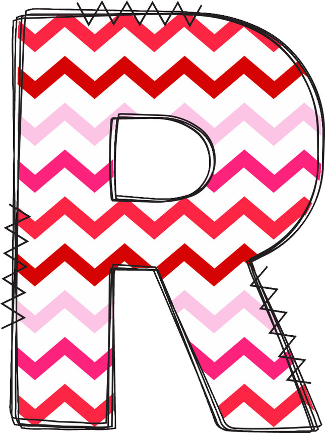 Letter 'R' with a chevron pattern quilt fabric block