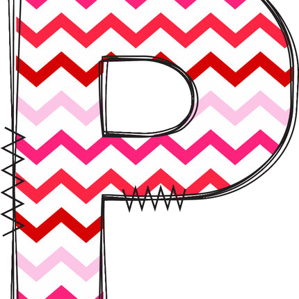 Letter 'P' with a chevron pattern in red and pink quilt fabric block