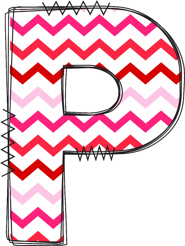 Letter 'P' with a chevron pattern in red and pink quilt fabric block
