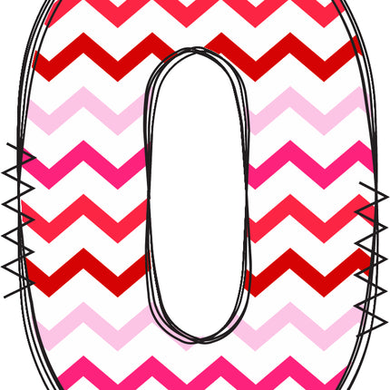 Letter '0' with pink and red chevron pattern quilt fabric block