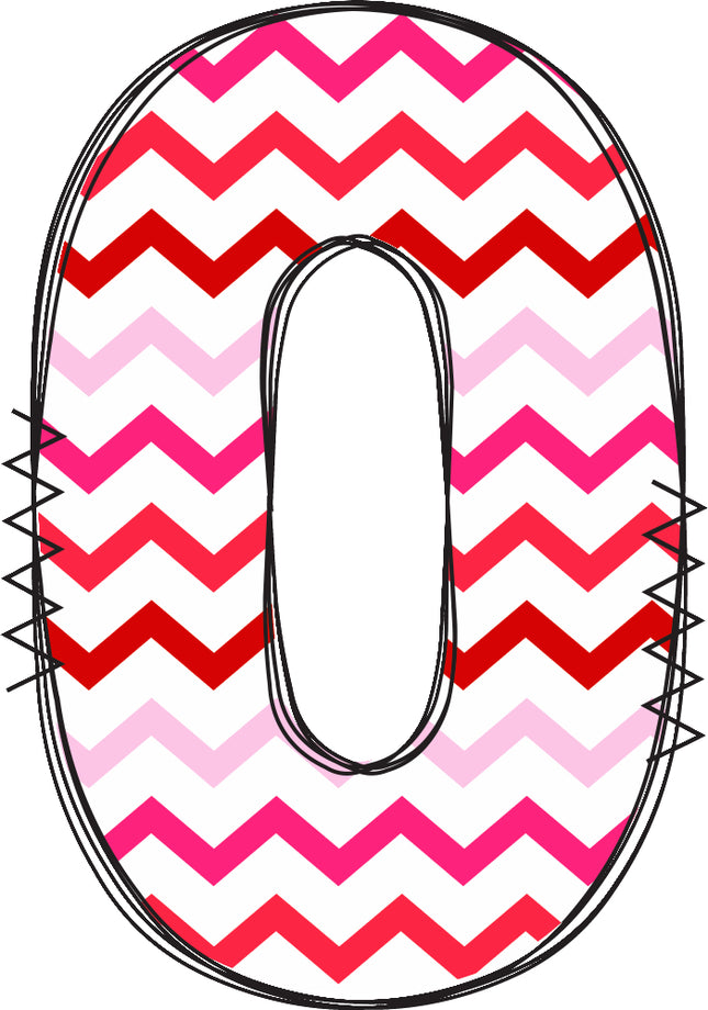 Letter '0' with pink and red chevron pattern quilt fabric block