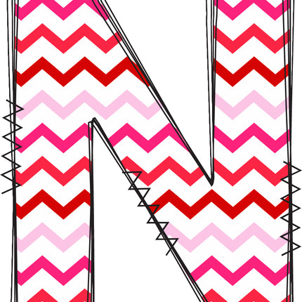 Letter 'N' with a chevron pattern in pink and red quilt fabric block