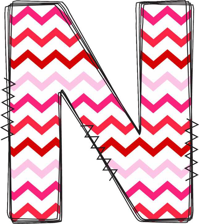 Letter 'N' with a chevron pattern in pink and red quilt fabric block