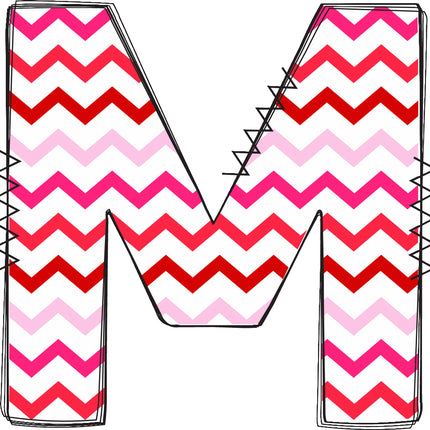 Chevron patterned letter 'M' with pink and red quilt fabric block