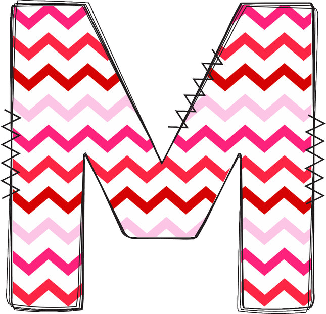 Chevron patterned letter 'M' with pink and red quilt fabric block